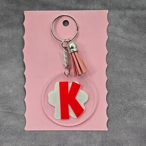Letter Keychain Clear Silver Circle Handmade Acrylic Tassel Flower‎ K Pink